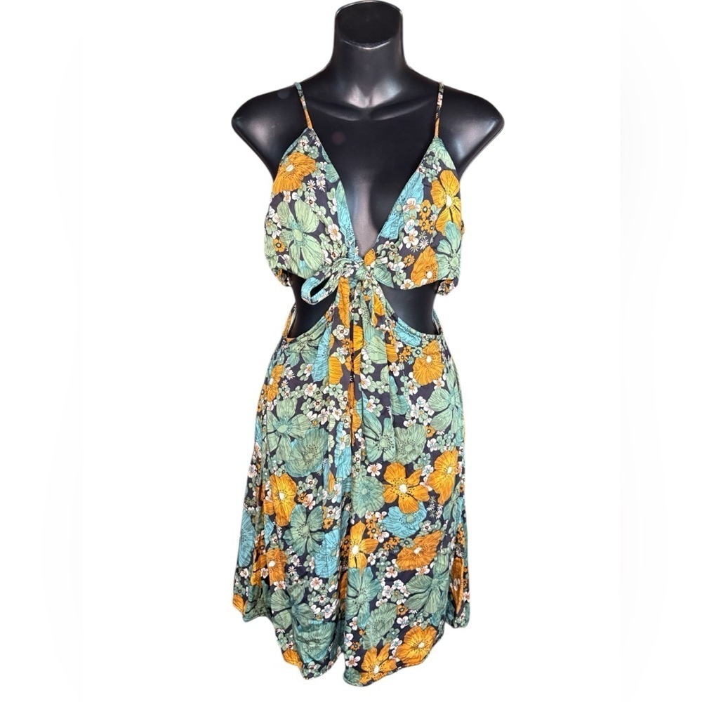 Volcom floral strappy dress teal, orange and black side cutouts a tie front sz L